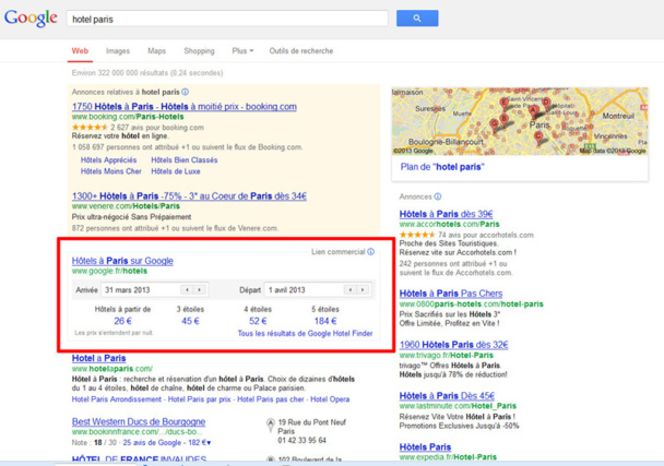 La "box" Hotel Finder" de Google s'affiche désormais juste en dessous des liens sponsorisés - Copie écran