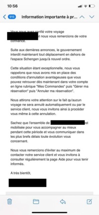 Voici le mail envoyé par une OTA à ses clients, ce samedi 30 janvier 2021 - DR Voici le mail envoyé par une OTA à ses clients, ce samedi 30 janvier 2021 - DR