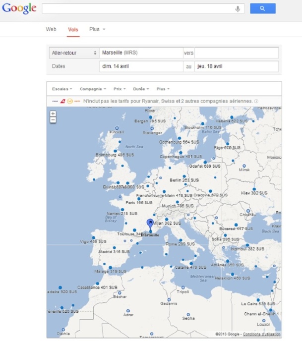 Google Flight Search a fait son entrée sur le marché français lundi 18 mars 2013 - Capture d'écran