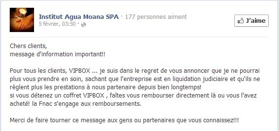 Le message posté sur la page Facebook de l'Institut Agua Moana SPA le 19 février 2013 - Capture d'écran