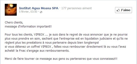 Le message posté sur la page Facebook de l'Institut Agua Moana SPA le 19 février 2013 - Capture d'écran Le message posté sur la page Facebook de l'Institut Agua Moana SPA le 19 février 2013 - Capture d'écran