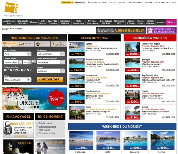 Karavel a pris la suite de LastMinute.com dans le traitement des ventes de la rubrique "Voyages" du site fnac.com - Capture d'écran