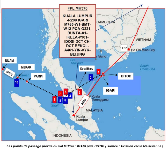 Les points de passages prévus du vol MH 370 - DR Les points de passages prévus du vol MH 370 - DR