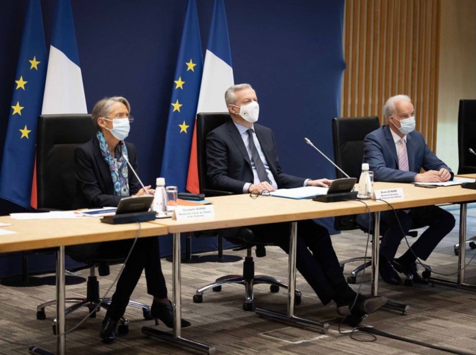 Elisabeth Borne et Bruno Le Maire lors d'une réunion avec les partenaires sociaux - DR