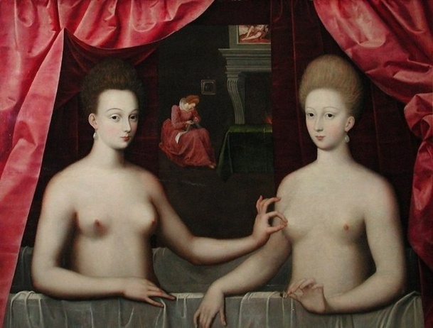 Gabrielle d'Estrées et une de ses sœurs est un tableau d'un auteur inconnu de l'École de Fontainebleau, peint autour de 1594. Cette huile sur panneau de chêne est conservée au Musée du Louvre depuis 1937. /photo Wikipedia