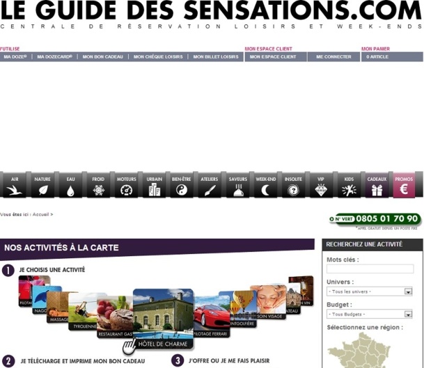 Depuis quelques jours, le site Internet du Guide des Sensations est indisponible et personne ne répond au numéro vert prévu pour renseigner la clientèle - Capture d'écran Depuis quelques jours, le site Internet du Guide des Sensations est indisponible et personne ne répond au numéro vert prévu pour renseigner la clientèle - Capture d'écran