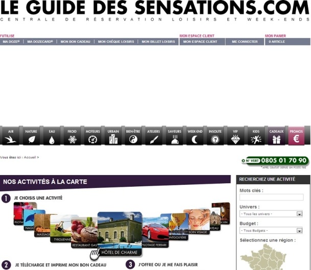 Depuis quelques jours, le site Internet du Guide des Sensations est indisponible et personne ne répond au numéro vert prévu pour renseigner la clientèle - Capture d'écran