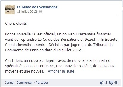 En juillet 2012, un message avait été publié sur la page Facebook du Guide des Sensations pour annoncer la reprise de la société - Capture d'écran