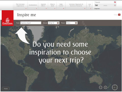 L'outil Inspire Me se présente sous la forme d'une mappemonde et d'un petit moteur de recherche : aéroport de départ et dates de voyage- © 2013 Emirates. All Rights Reserved.