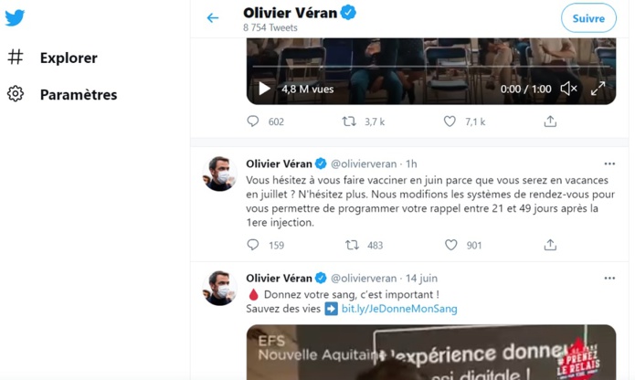 Dans un Tweet Olivier Véran, le ministre de la Santé annonce une réduction du délai entre les deux injections d'un vaccin contre le coronavirus - Capture écran Dans un Tweet Olivier Véran, le ministre de la Santé annonce une réduction du délai entre les deux injections d'un vaccin contre le coronavirus - Capture écran