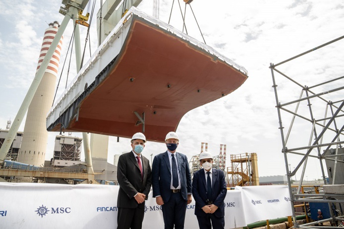 Roberto Olivari, Pierfrancesco Vago et Giuseppe Bono, lors de la cérémonie de la pièce du MSC Seascape - DR : Ivan Sarfatti