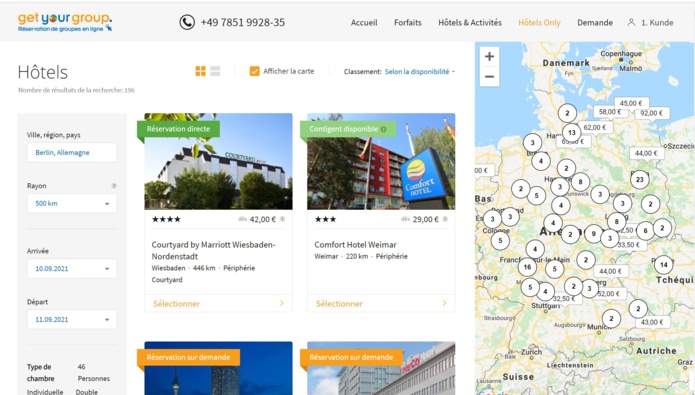 Get Your Group : Exemple de couverture d’hôtels en Allemagne - Capture écran