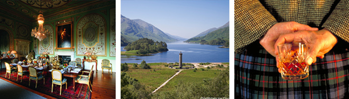 Salle à manger du Château d_Inveraray ©Inveraray Castle / Glenfinnan ©VisitBritainJoe Cornish / Whisky écossais ©VisitBritain