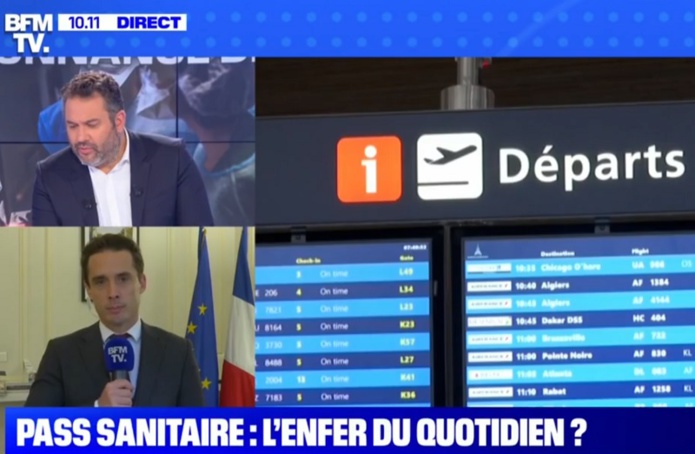 A partir de début août, pour se déplacer sur les longues distances, en autocar, en train ou en avion, il faudra présenter un pass sanitaire (schéma vaccinal complet ou test négatif) - DR : Capture écran BFM TV