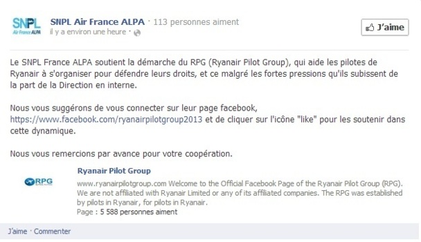 Le SNPL France Alpa apporte son soutien au RPG via un message posté sur Facebook - Capture d'écran