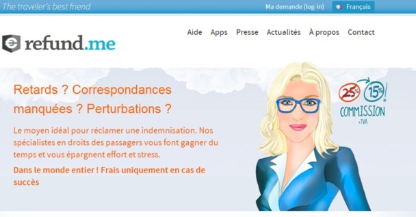 Refund.me a pour objectif d'aider les passagers aériens dans leurs demandes d'indemnisation en cas de retards, d'annulation, de connexion manquée ou de surbooking - Capture d'écran