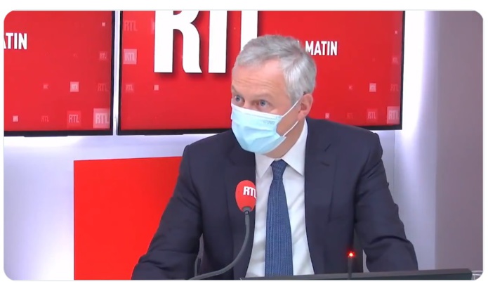 Bruno Le Maire a déclaré sur RTL qu'il n'abandonnera pas les entreprises dont l'activité pourrait-être impactée par l'application du Pass sanitaire - DR capture écran