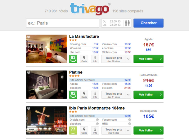 Trivago, comparateur en ligne, redirige ses visiteurs vers des agences de voyages en ligne - Capture d'écran
