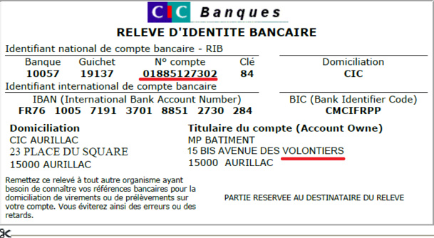 Le R.I.B. fournit à Voyaza mentionne un numéro de compte et une adresse postale qui n'existent pas