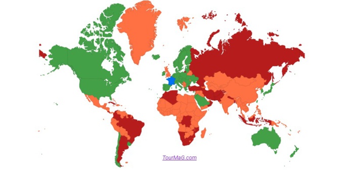 Liste pays : la Turquie, la Géorgie et l'Iran en rouge, le Chili et l'Uruguay en vert