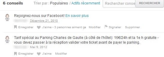 Exemple de conseils laissés par un hôtelier