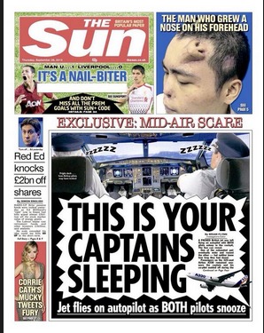 Sur sa une de samedi, The Sun s'amuse des résultats de l'enquête sur les pilotes de ligne qui s'endorment en vol - DR Sur sa une de samedi, The Sun s'amuse des résultats de l'enquête sur les pilotes de ligne qui s'endorment en vol - DR