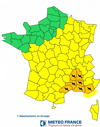 7 département de l'Hérault jusqu'au var sont en vigilance orange aux orages - Météo France 7 département de l'Hérault jusqu'au var sont en vigilance orange aux orages - Météo France