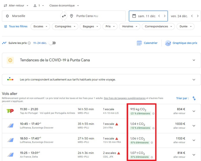 Google Flights affiche désormais les émissions de CO2 ✈️ - DR Capture écran Google Flights affiche désormais les émissions de CO2 ✈️ - DR Capture écran