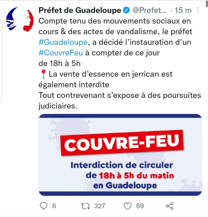 Le préfet de Guadeloupe vient d'annoncer l'instauration d'un couvre feu - Twitter