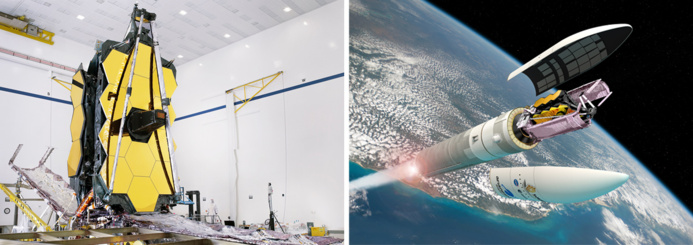 Assemblage Webb © NASA/Chris Gunn - Reproduction artistique du lancement © ESA / D. Ducros Assemblage Webb © NASA/Chris Gunn - Reproduction artistique du lancement © ESA / D. Ducros