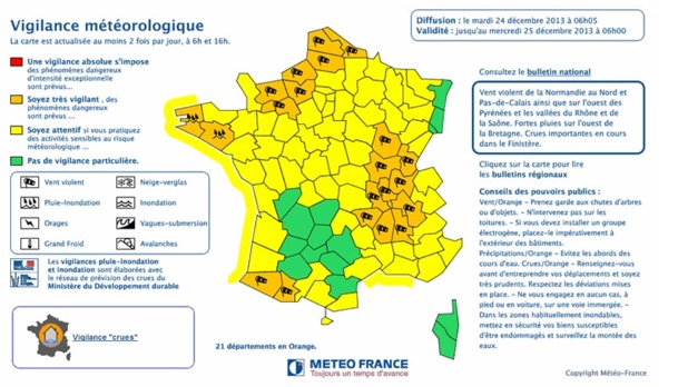 Alerte météo aux vents violents ce 24 décembre 2013