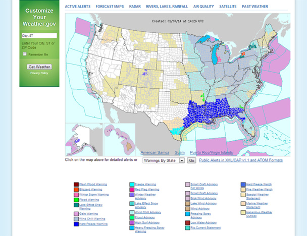 La vague de froid se déplace vers le midwest, comme l'indique sur cette carte, le service de météo américain - DR : Weather.gov La vague de froid se déplace vers le midwest, comme l'indique sur cette carte, le service de météo américain - DR : Weather.gov