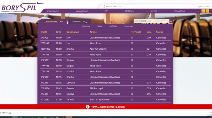 L'espace aérien est fermé en Ukraine, les vols supprimés, Copie d'écran du site de l'aéroport de Kiev - DR