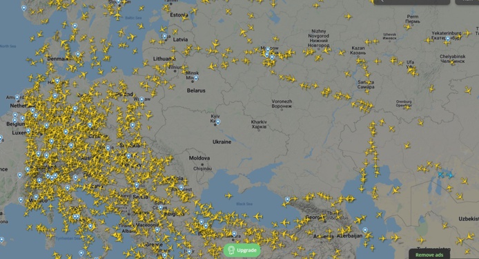 L'image en temps réel du trafic aérien sur Flightradar24.com. Air France a réduit ses vols vers Moscou - DR L'image en temps réel du trafic aérien sur Flightradar24.com. Air France a réduit ses vols vers Moscou - DR