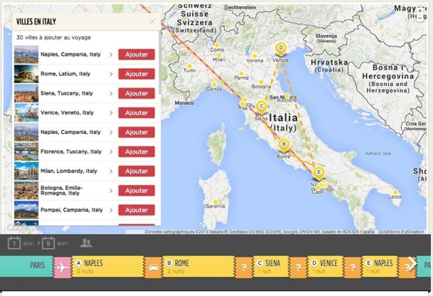 Design moderne et intuitif, le moteur de recherche permet de créer un voyage entièrement sur-mesure : à partir d’une carte géographique, l’agent de voyages peut construire un produit modulable avec son client sur une interface très visuelle.