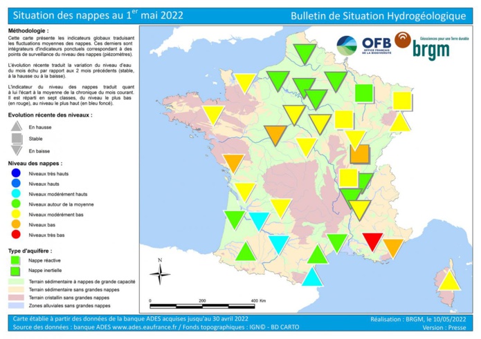 L'état des nappes d'eau souterraine au 1er mai 2022 - crédit : BRGM L'état des nappes d'eau souterraine au 1er mai 2022 - crédit : BRGM