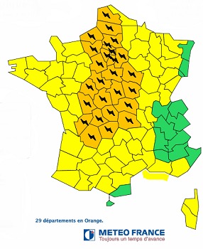 Météo France place 29 départements français en vigilance orange aux orages - DR : Météo France