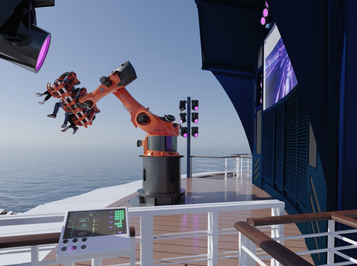 Robotron est un bras robotisé auquel est attachée une gondole pouvant accueillir jusqu’à 3 passagers, pour les faire virevolter dans tous les sens à 53 mètres au-dessus du niveau de la mer - DR : MSC Croisières