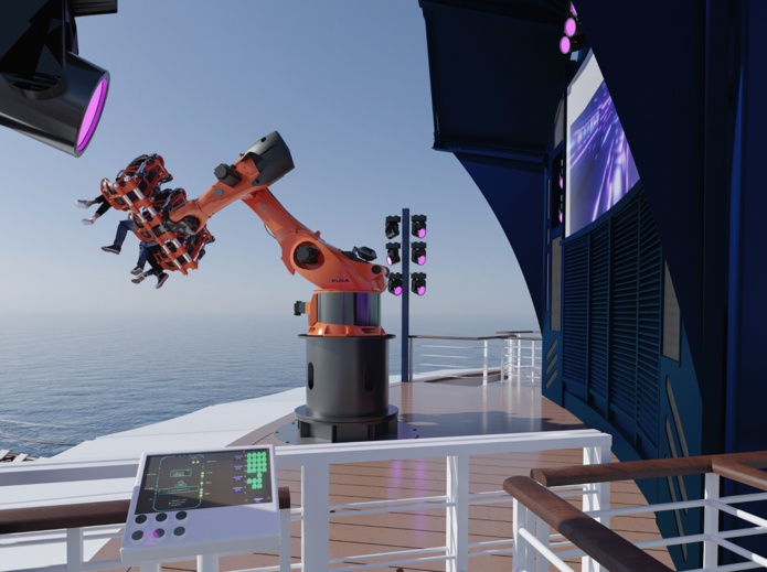 Robotron est un bras robotisé auquel est attachée une gondole pouvant accueillir jusqu’à 3 passagers, pour les faire virevolter dans tous les sens à 53 mètres au-dessus du niveau de la mer - DR : MSC Croisières Robotron est un bras robotisé auquel est attachée une gondole pouvant accueillir jusqu’à 3 passagers, pour les faire virevolter dans tous les sens à 53 mètres au-dessus du niveau de la mer - DR : MSC Croisières