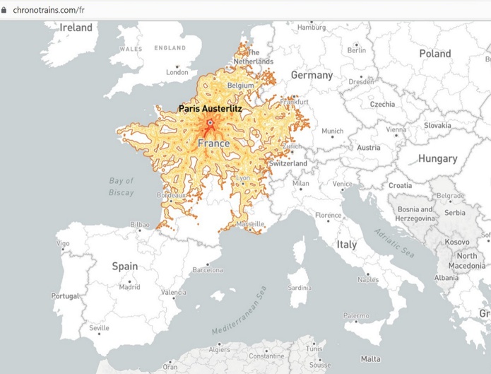 Chronotrain indique les destinations à moins de 5h des gares européennes. - crédit : Benjamin Tran Dinh