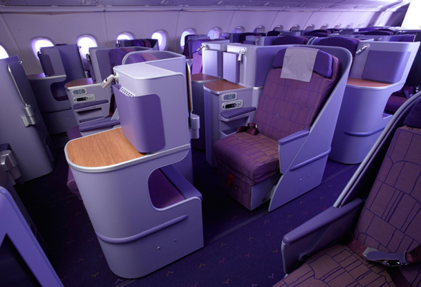 The 60 business units are cocoons in purple leather, arranged 1-2-1 width, offset and sufficiently staggered to be protected from other’s view - DR: Thai Airways
