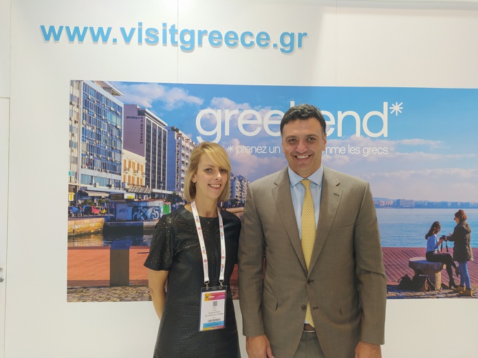 Dimitra Voziki, directrice de l‘office de tourisme de Grèce et le ministre du tourisme grec, Vassilis Kikilias sur le stand de la Grèce à l’IFTM Top Resa mardi 20 septembre 2022. - CL