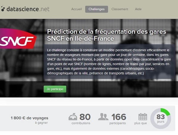 datascience.net, la première plateforme francophone de challenges Big Data, annonce aujourd'hui un nouveau challenge organisé par la SNCF.