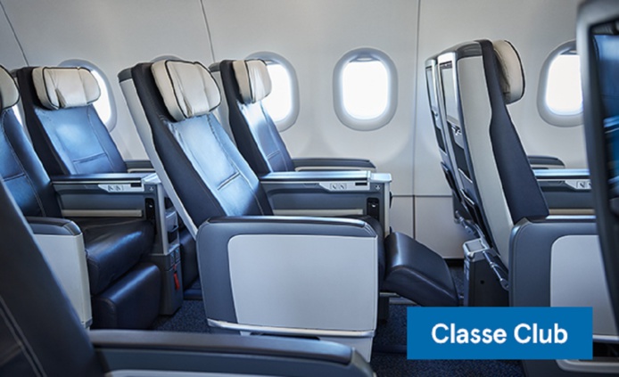 La Classe Club est configurée en trois rangées de deux fauteuils, installés à l'avant de l'appareil. Seulement 12 fauteuils sont disponibles pour cette classe - DR : Air Transat