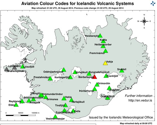 La carte de vigilance et d'alerte du l'Institut météorologique islandais mise à jour ce vendredi 29 août 2014 - DR La carte de vigilance et d'alerte du l'Institut météorologique islandais mise à jour ce vendredi 29 août 2014 - DR