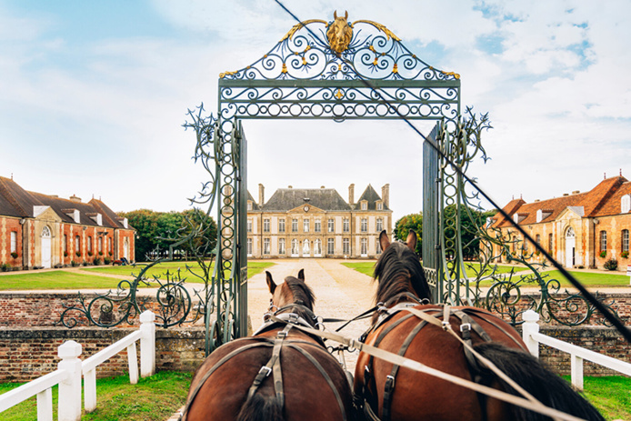 En attelage devant la grille d'entrée du Haras National du Pin © Maxime Coquard Bestjobers