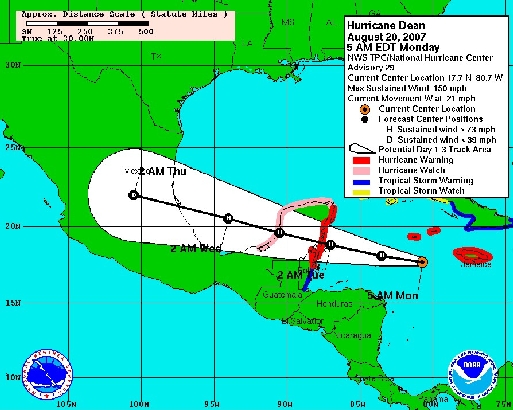 Dean s'approche des côtes du Yucatan (cliquer pour agrandir) Dean s'approche des côtes du Yucatan (cliquer pour agrandir)