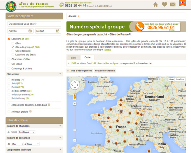La rubrique dédiée aux Gîtes de Groupes sur le site des Gîtes de France - DR