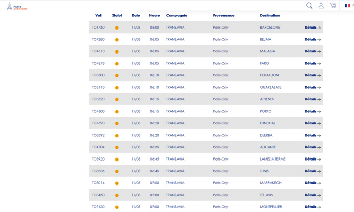 Capture d'écran de l'activité de Transavia sur une journée d'été 2023 entre 06h00 et 07h00 (site ADP)