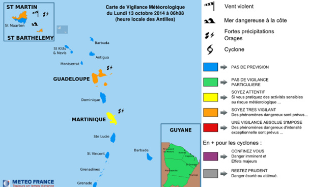 La carte de vigilance sur les Antilles mise à jour par Météo France lundi 13 octobre 2014 à 06h08 - DR : Météo France